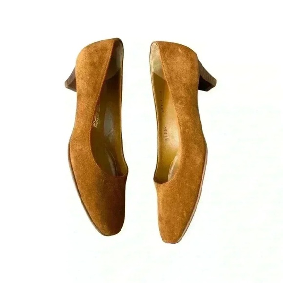 Vintage Salvatore Ferragamo Suede Kitten Heels Size 7 In Cognac - Picture 3 of 10
